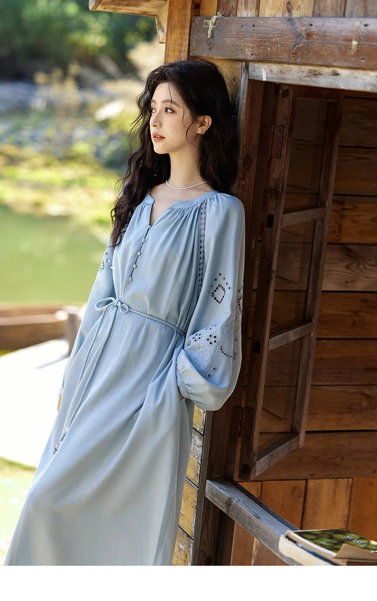 MISHOW French Hollow Lace Dress for Women 2025 Spring Vacation Slim Waist V-neck Dresses Loose Beach Fairy Dresses MXE12L2091