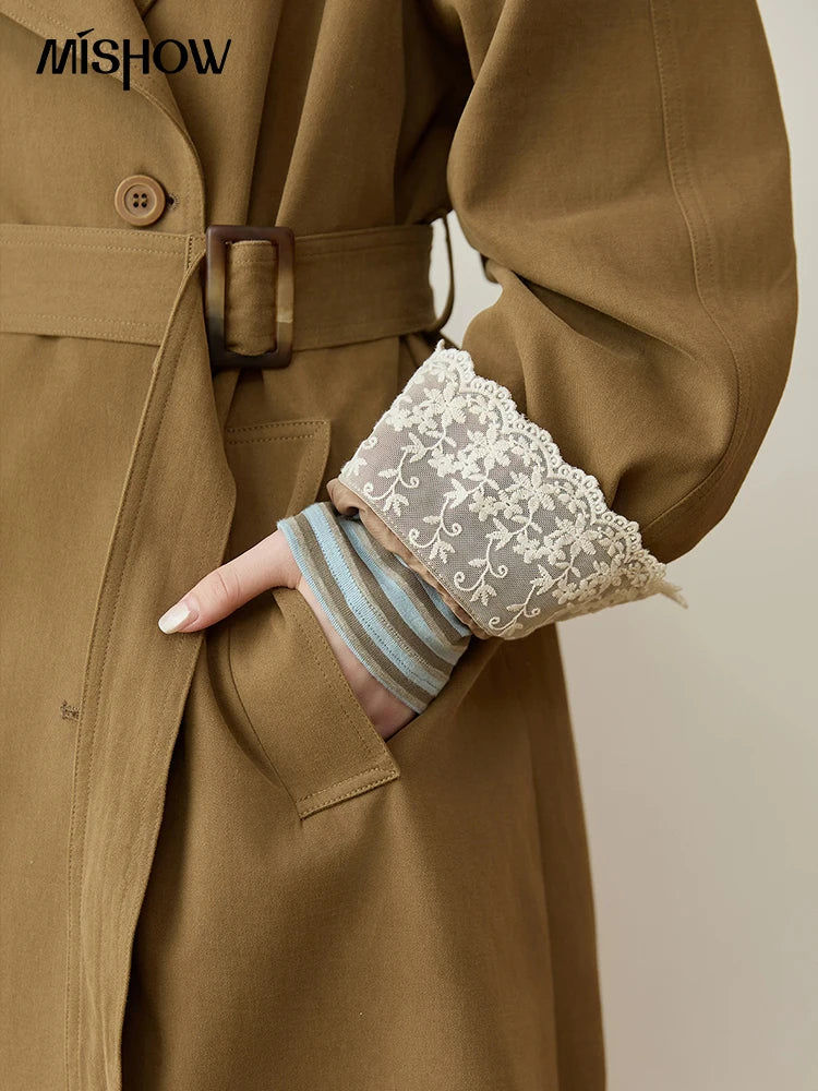 MISHOW Trench Coat Women 2025 Autumn Fashion Light Khaki Lace Long Windbreaker Jacket Long-sleeved Coat with Belt MXE45W0830