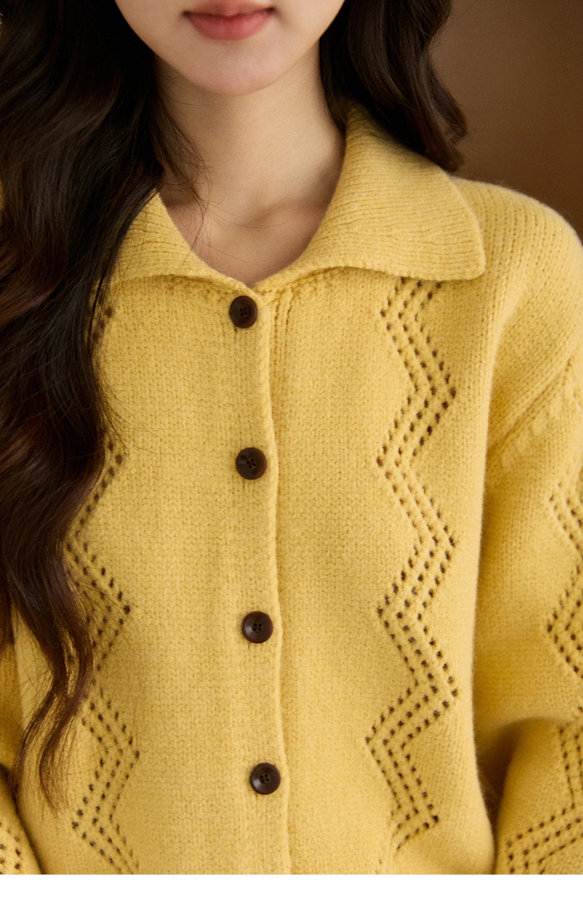 MISHOW Women's Hollow Pattern Knitted Cardigan 2025 Winter Yellow Lapel Single Breasted Sweater Loose Pullover Tops MXE94Z2961