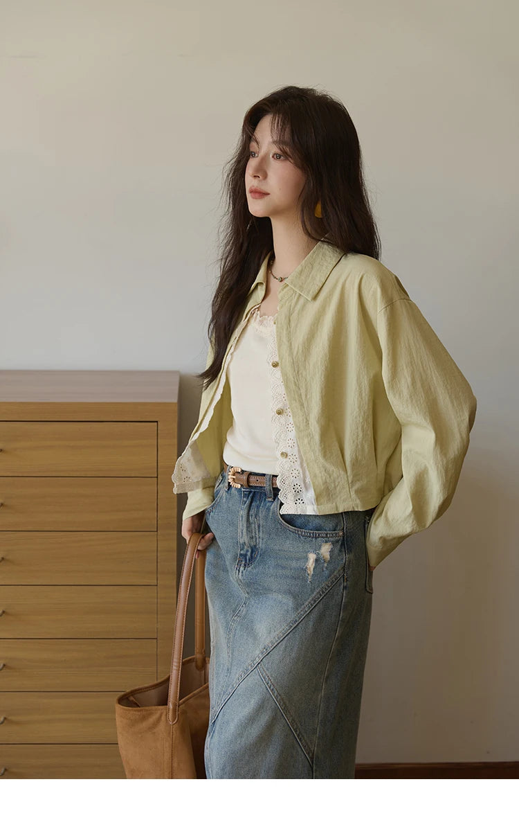 MISHOW Women's Top Green Fake Two Piece Shirt 2025 Autumn Lace Patchwork Lapel Shirts Rear Hem Elastic Short Shirt MXE41C2348