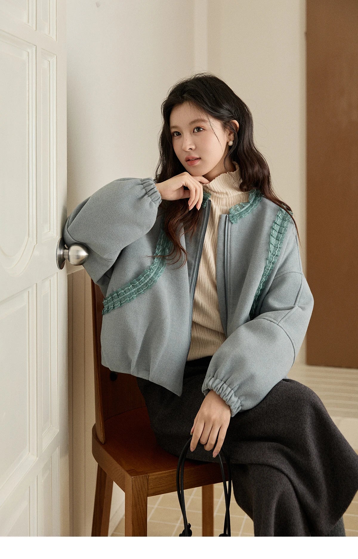 MISHOW Women's Light Blue Down Coats Winter Lace Decor Zipper Puff Sleeve Coats O Neck Loose Casual Warm Outerwear MXE94W1048