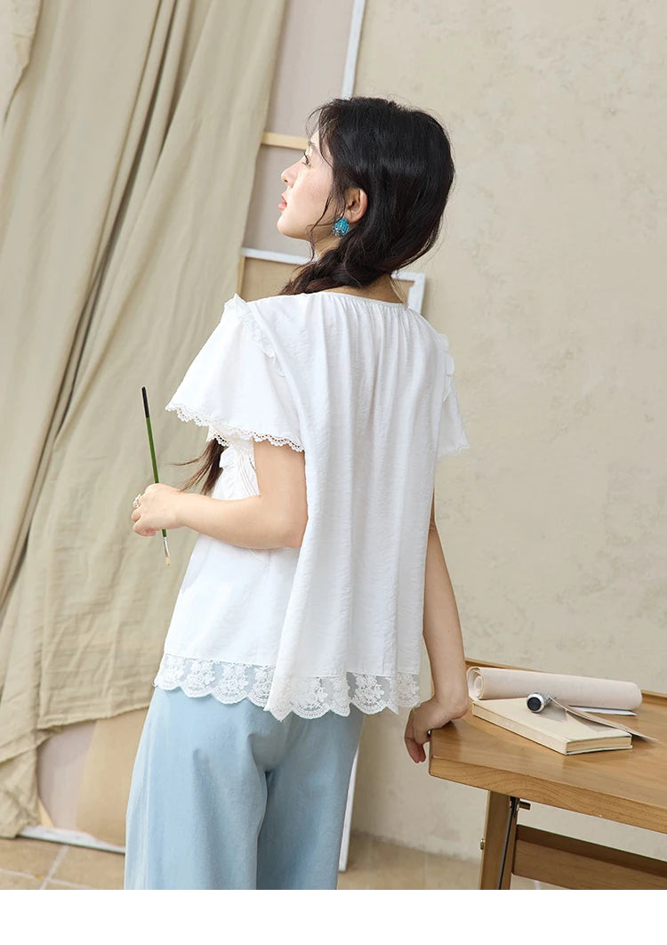 MISHOW White Lace Up Blouse Women's 2025 Summer New Fashion Butterfly Sleeve Hollow Lace Splicing Top Female Clothing MXE34X1784