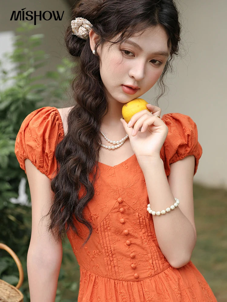 MISHOW 100 Cotton Orange Embroidered French Dress Women 2024 Summer V Neck Mid Length Dress Solid Loose A-line Dress MXD29L1931