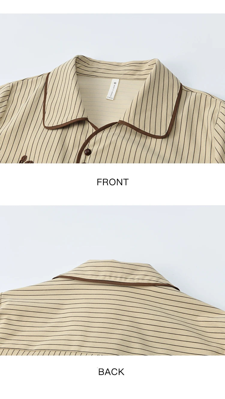 MISHOW Khaki Brushed Striped Shirt 2025 Autumn Vintage Lace Embroidered Long Sleeved Shirts Asymmetric Placket Top MXE45C2402