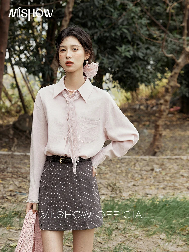 MISHOW French Spring Blouses Women 2025 New Long Sleeve Turn-down Collar Loose Shirts Female Fashion Lace Casual Tops MXE16C0760