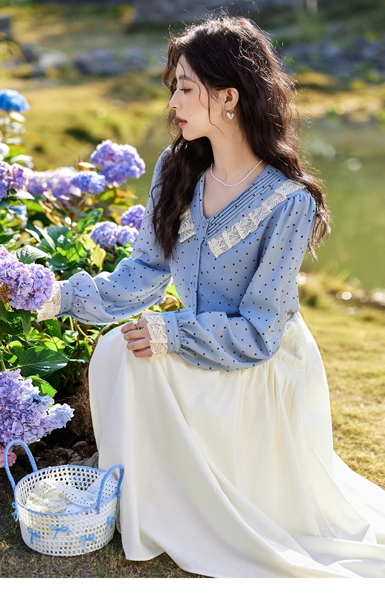 MISHOW Lace Patchwork Polka Dot Shirt for Women Spring 2025 French V-neck Shirt Cuff Splic with Hollowed Out Lace Top MXE12X1707