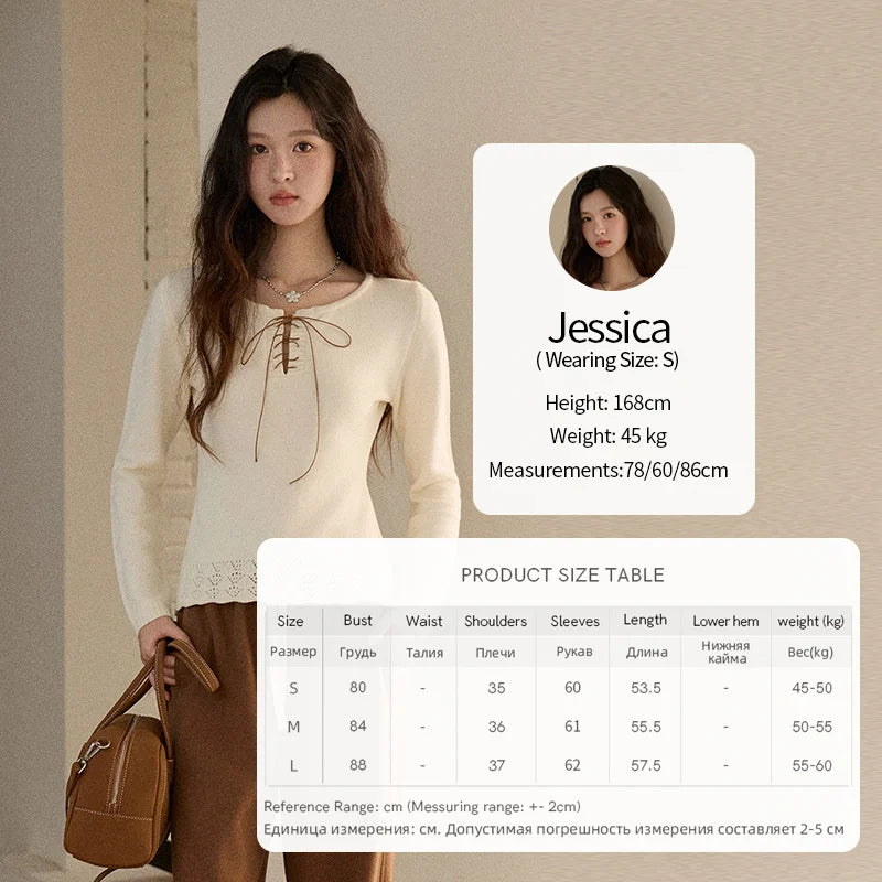 MISHOW Woman Beige Knit Top 2025 Winter Contrast Color French Style Hem Hollow Crochet Sweater Slim Long Sleeves Top MXE89Z2634