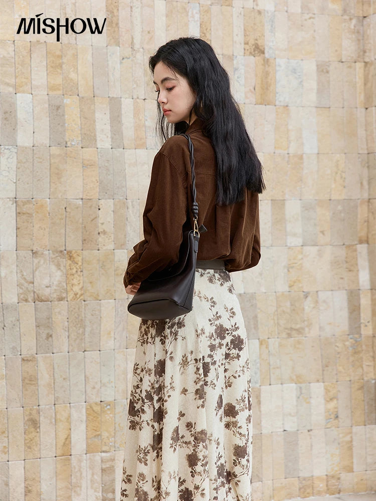 MISHOW Brown Corduroy Shirt Women 2025 Retro Long Sleeves Raw Edge Pocket Loose Casual Shirt Autumn Women's Tops MXE47C2419