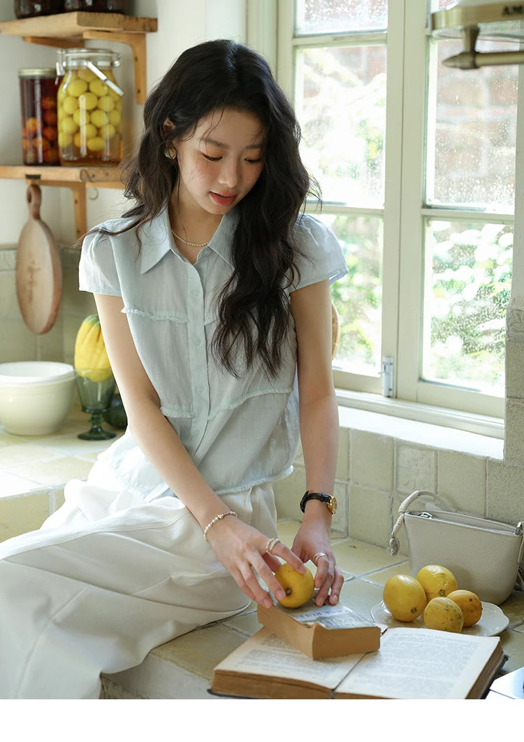 MISHOW Women's Turn-down Collar Button Casual Shirt 2025 Summer New Ladies Wear Edge Splicing Commut Short Sleeve Top MXE39C2363