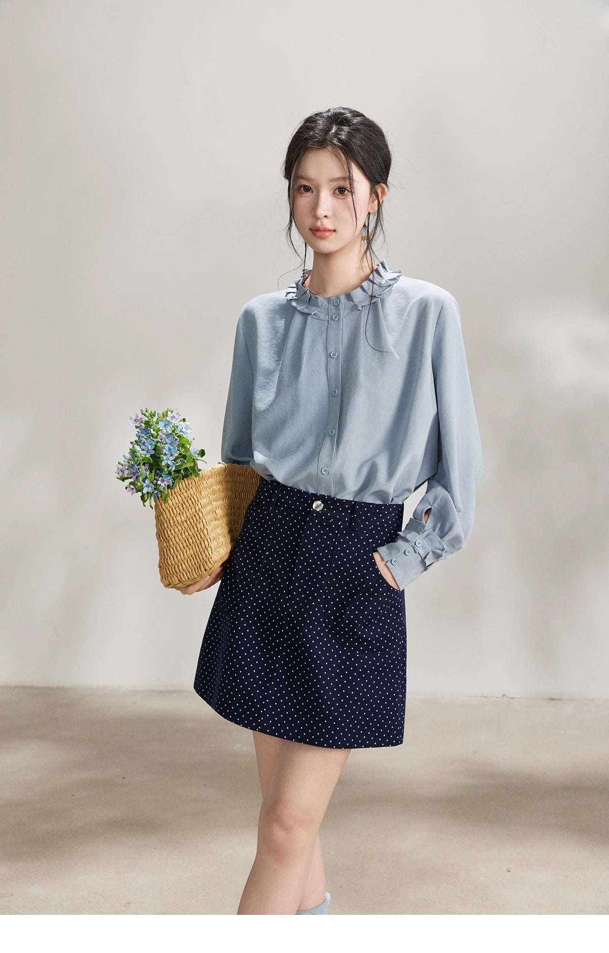 MISHOW Women's Peach Skin Solid Shirt 2026 Spring Ruffled Crew Neck Single-breasted Tops Casual Long Sleeve Shirts MXF11C2431