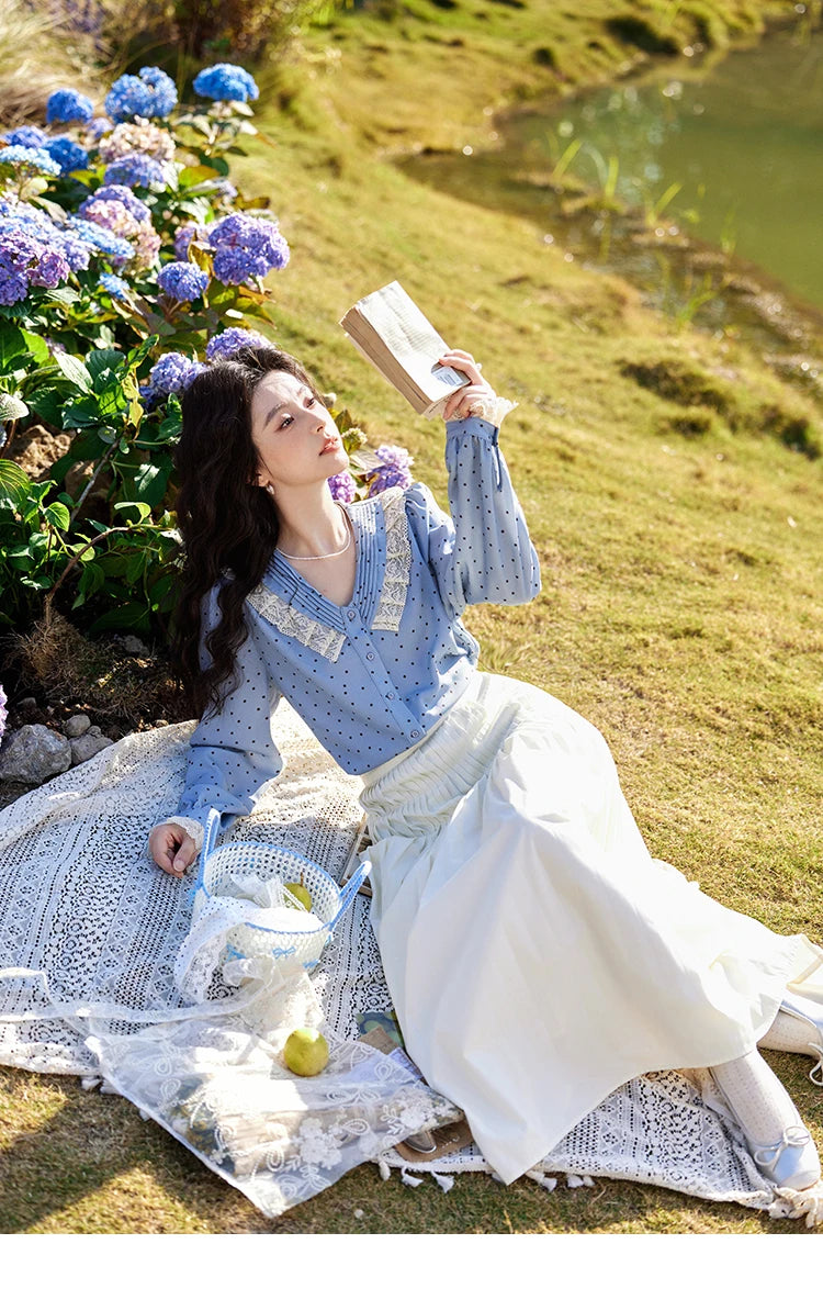 MISHOW Lace Patchwork Polka Dot Shirt for Women Spring 2025 French V-neck Shirt Cuff Splic with Hollowed Out Lace Top MXE12X1707