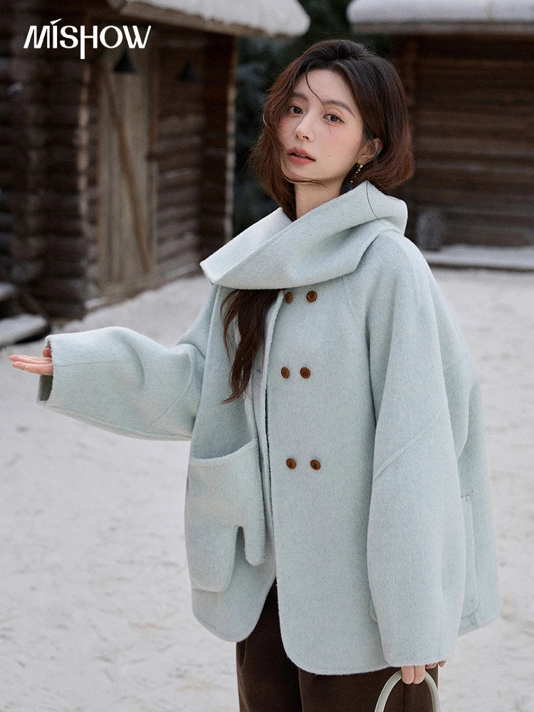 MISHOW 100% Wool Mint Green Double-sided Woolen Coats for Women Winter 2025 Warm Loose Coat with 2-in-1 Scarf Gloves MXE92W1014