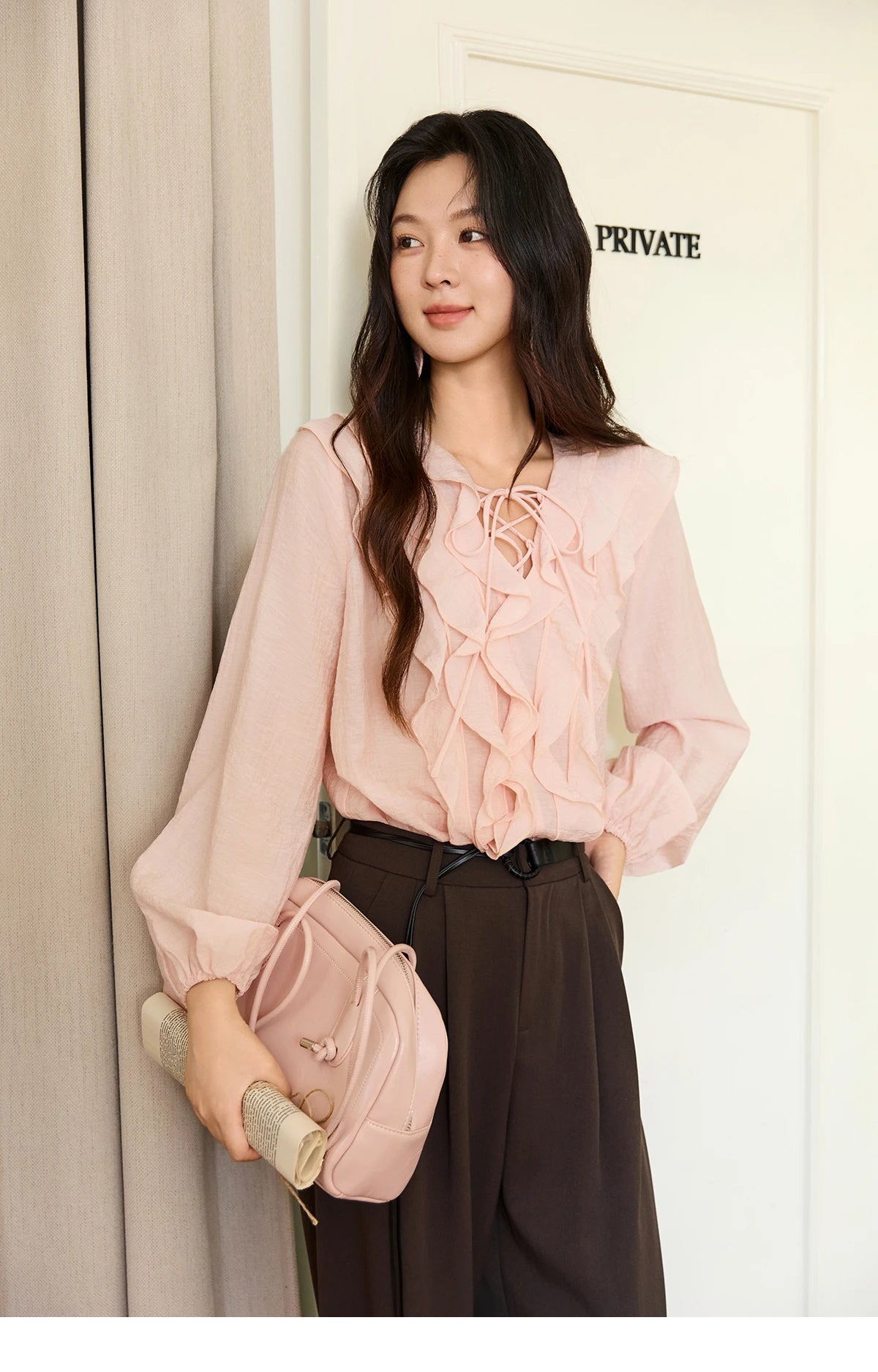 MISHOW Pink Ruffled Blouse for Woman 2025 Autumn New Elegant Sweet V-neck Lace-up Design Shirt Lantern Sleeves Top MXE49X2504