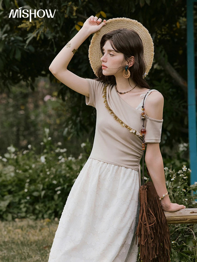 MISHOW Holiday Summer Dresses Women New 2025 Short Sleeve Off-shoulder Knitted Patchwork Midi Dress Female Slimming MXE33L2207