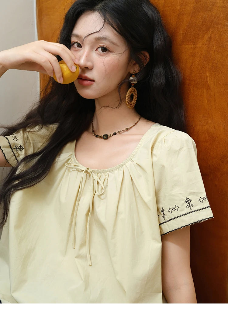 MISHOW Cotton Blouse Round Neck Lace Up Puff Sleeve MXE39X1966