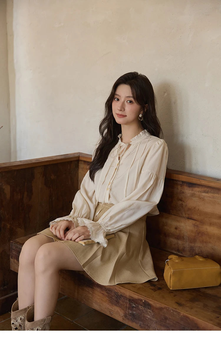 MISHOW French 100% Lyocell Apricot Shirt 2025 Autumn Flared Sleeves Lace Edges Shirts V-neck Slim Top Office Lady MXE41C2351