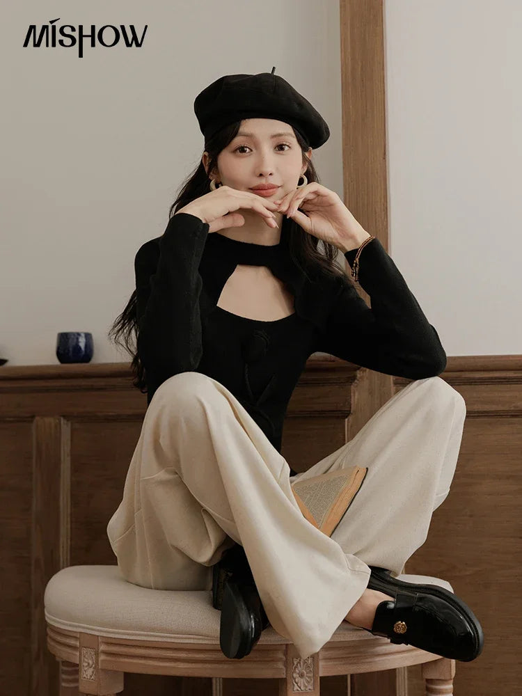 MISHOW Women’s Black Tulip Knitted Sweater French Vintage Hollow Out Sweaters Mock Neck 2024 Fall Elegant Slim Top MXD42Z0731