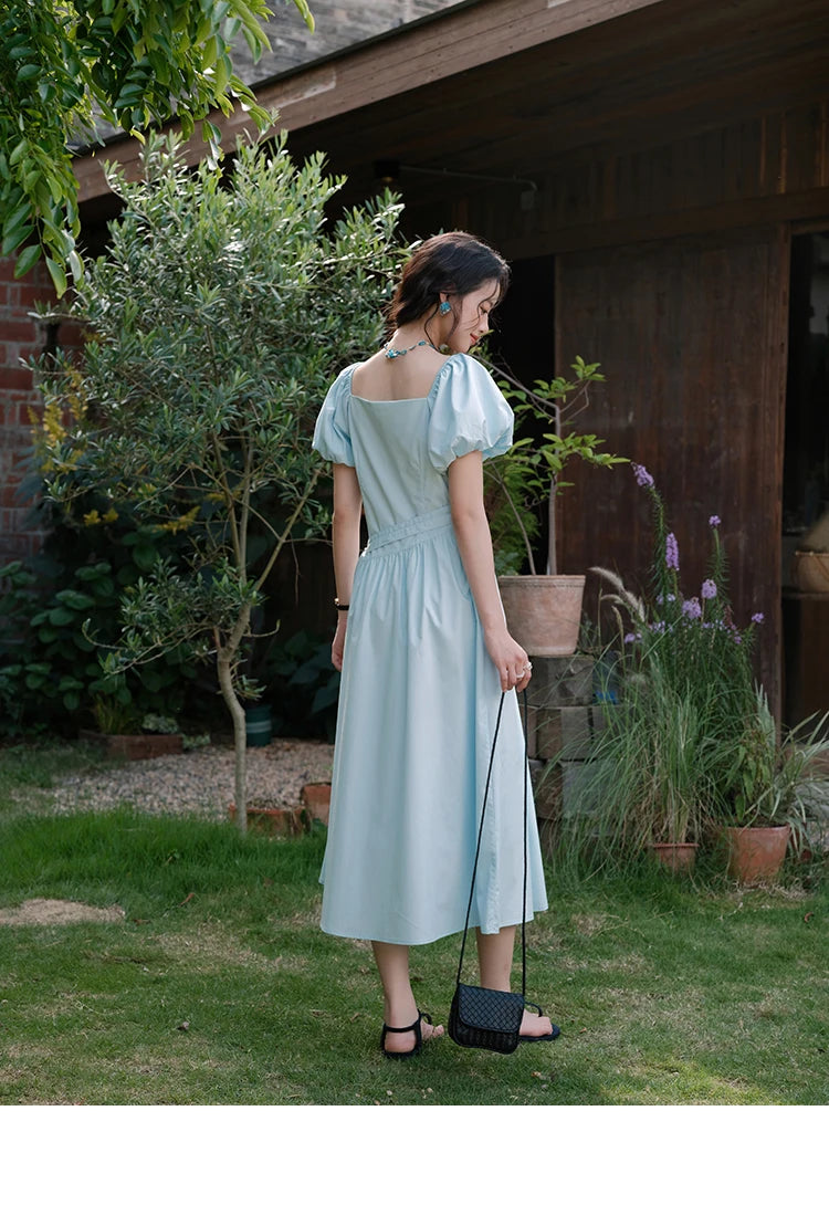 MISHOW Women's Square Neck Short Sleeve Dress 2025 Summer New Fashion Puff Sleeve Double Belt Dresses Ladies Clothing MXE34L2222