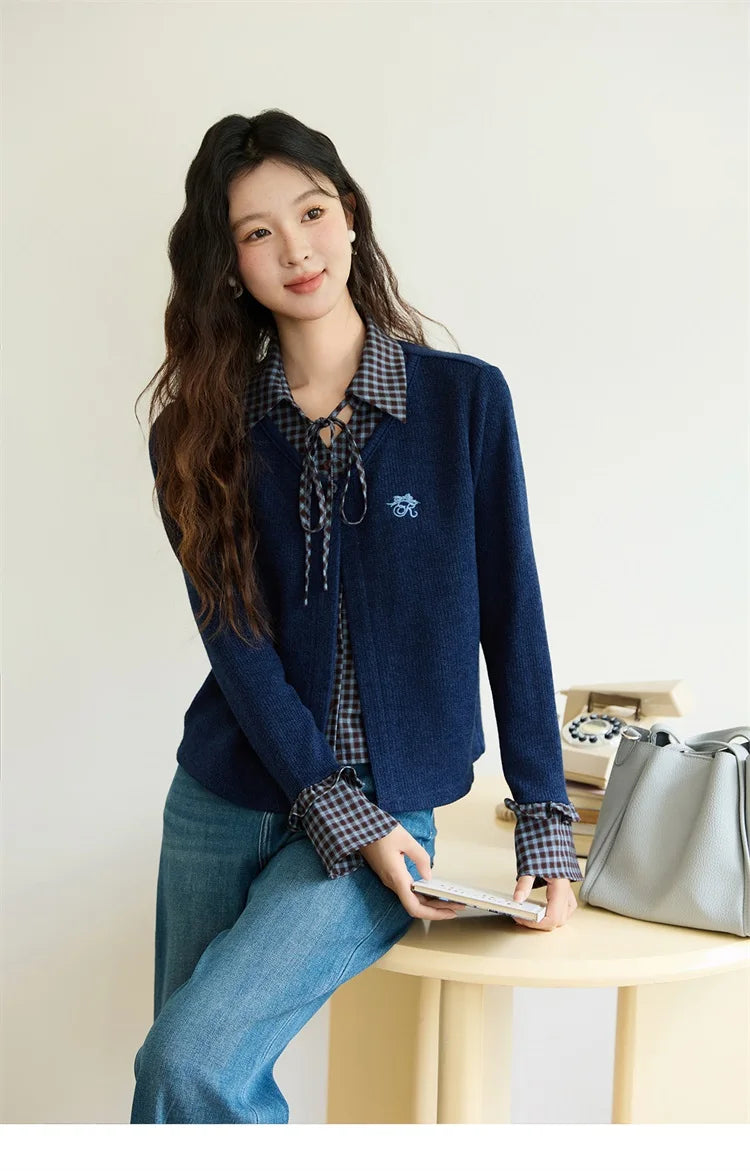 MISHOW Women's Fake Two Knitted Sweaters 2025 Autumn Plaid Splicing Embroidered Tops Retro Lapel Flare Sleeve Tops MXE45Z1401