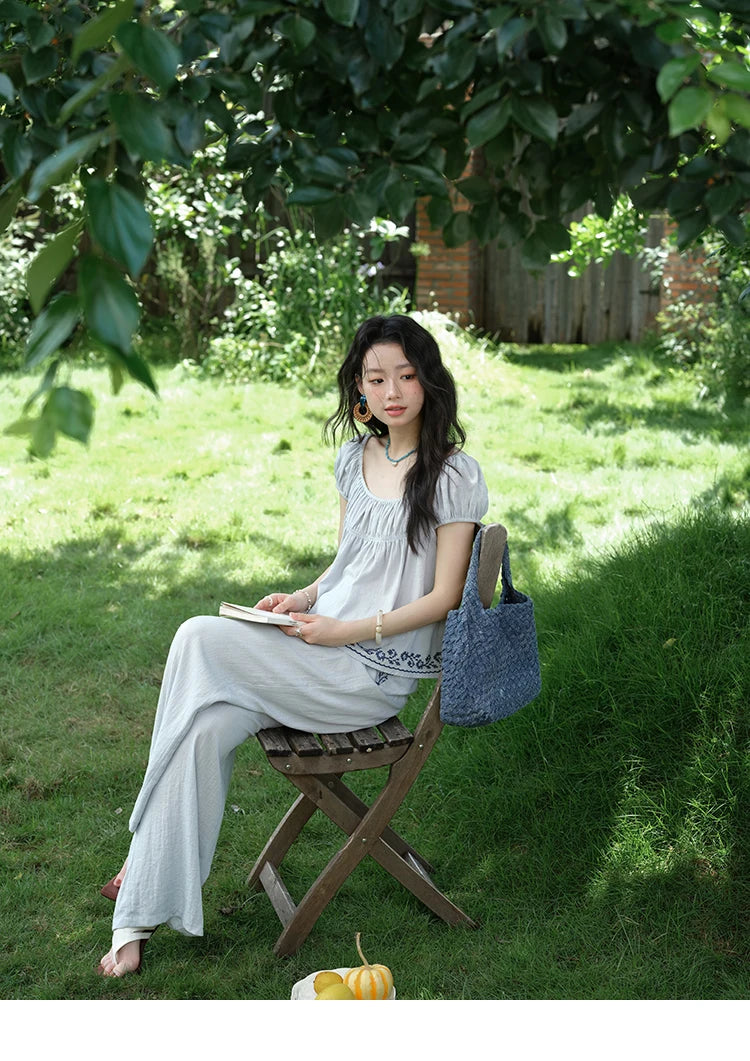 MISHOW Women's Two Piece Set 2025 Summer New Embroidery Flower Round Neck Blouse Fashion Pocket Wide Leg Pants Set MXE39T0669