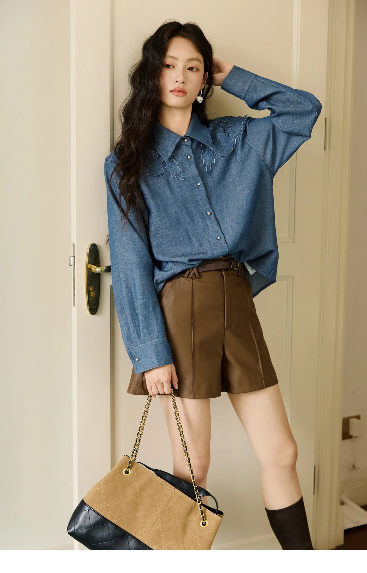 MISHOW Women's Blue Shirt Autumn 2025 Hollowed Out Patchwork Embroidery Tops Imitation Denim Fabric Loose Retro Shirt MXE46C2410