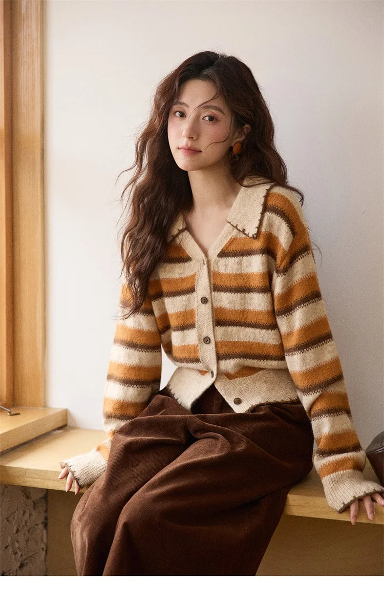 MISHOW Striped Cardigan for Women 2025 Winter Retro Unique Design V-neck Single-breasted Sweater Wool Long Sleeve Top MXE87Z2681