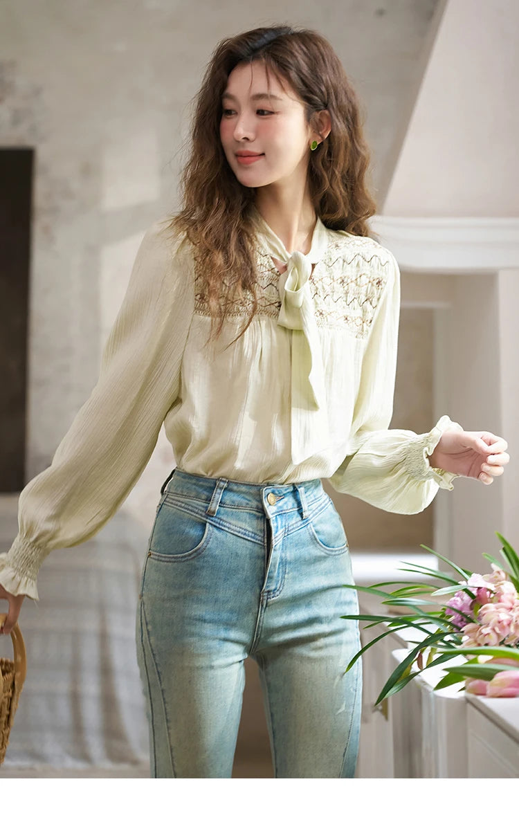 MISHOW Ribbon Collar Shirt for Women Autumn 2025 Sweet Cuffs Pleated Embroidered Petal Sleeve Loose Top Office Lady MXD14C0226