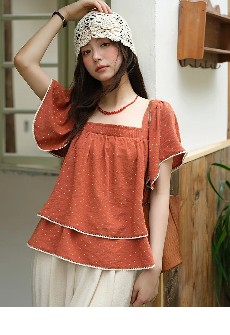 MISHOW Women's Polka Dot Blouse 2025 Summer Square Neck Lace Spliced Double Layered Ruffled Red Top Women's Clothing MXE37X1857