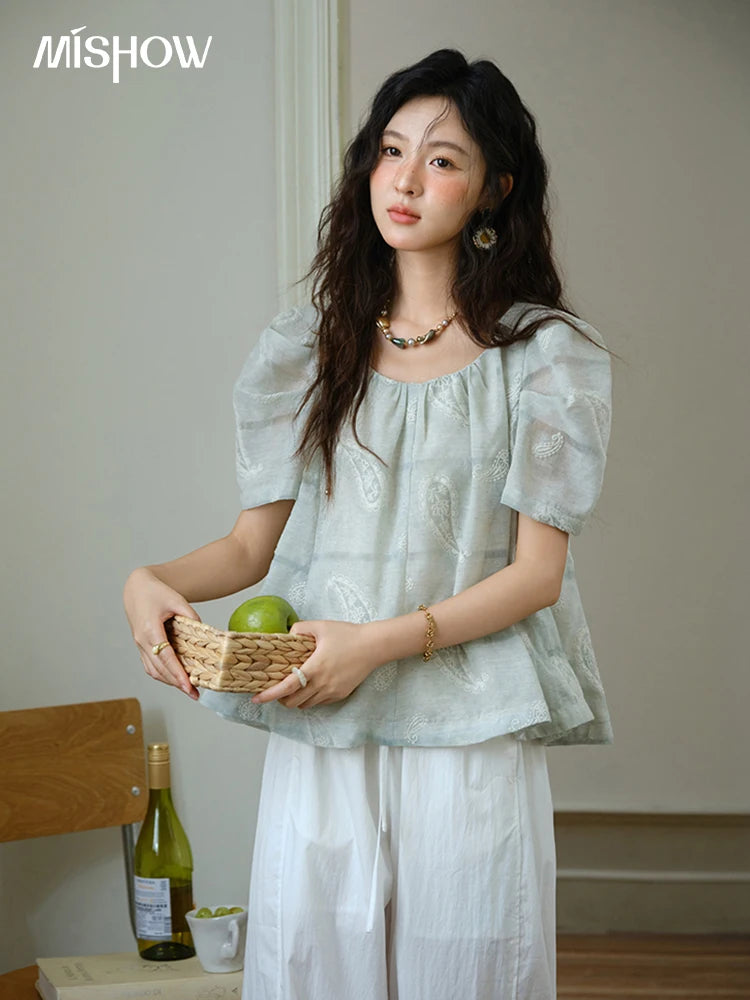MISHOW O-Neck Blouse for Women 2025 Summer New Fashion Print Embroidery Puff Sleeve Loose Casual Top Ladies Clothing MXE34X1807