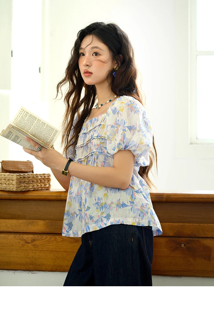 MISHOW Fashion Square Neck Puff Sleeve Blouse for Women 2025 Summer New French Sweet Loose Print Top Ladies Clothing MXE39X1937