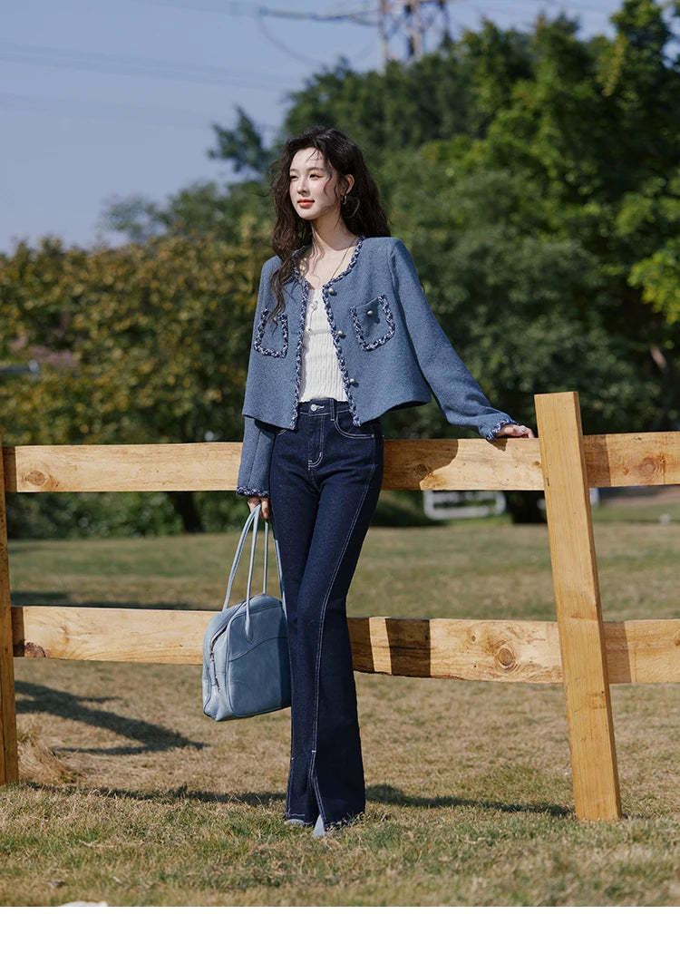 MISHOW Retro Fragrant Style Jacket for Women Spring 2025 Shoulder Pads Coarse Tweed Splicing Ribbon Blue Suit Coats MXE13W0705