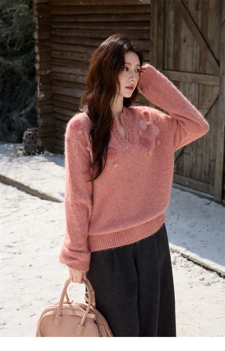 MISHOW Women's Raspberry Pink Wool Blend Sweater 2025 Winter French Floral Pom-Pom Embroidered V-Neck Knitted Top MXE86Z2740