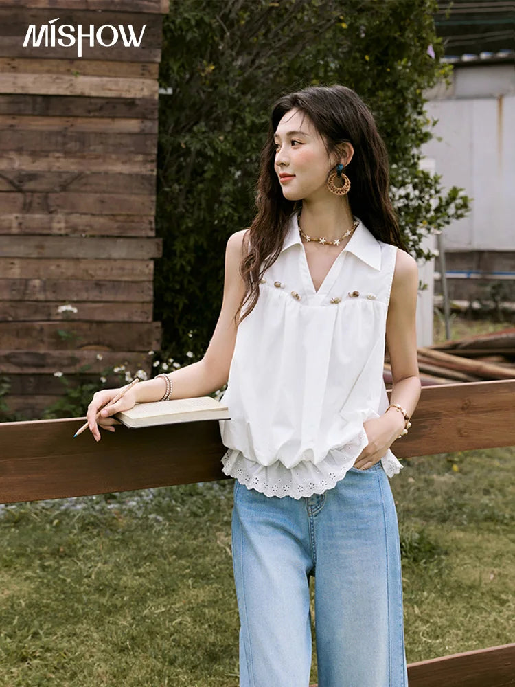 MISHOW Office Lady New Blouse Women Summer New Sleeveless Turn-down Collar Hollow Lace Shirts Female Slimming Fashion MXE31X1760