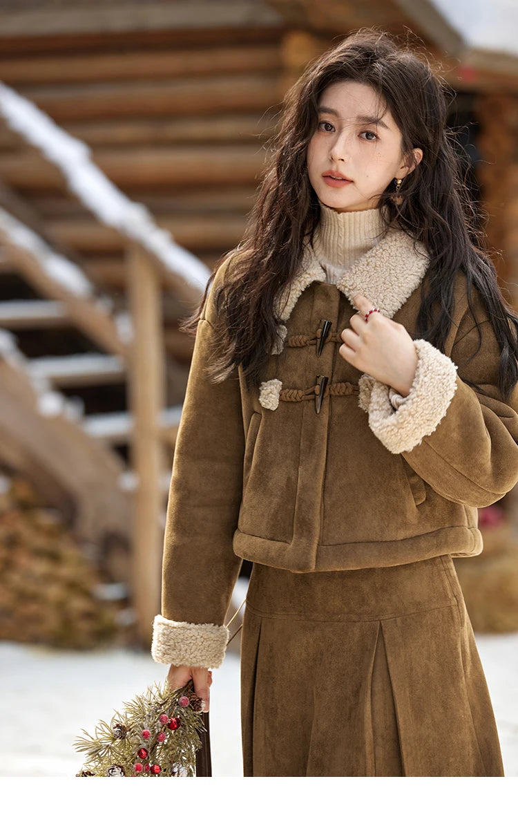 MISHOW Vintage Coats Midi Skirts Separately Brown Suede Plush Jacket Bull Horn Buckle Spliced Design Thick Warm Top MXD36W0500