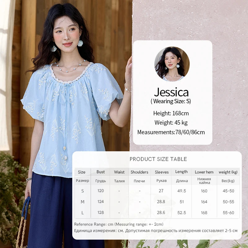 MISHOW Blue Pure Cotton Embroidered Blouses 2025 Summer Wave Edged O-neck Tops Contrasting Lace Up Loose Doll Blouses MXE35X1791