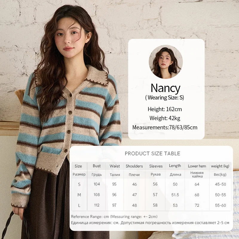 MISHOW Striped Cardigan for Women 2025 Winter Retro Unique Design V-neck Single-breasted Sweater Wool Long Sleeve Top MXE87Z2681