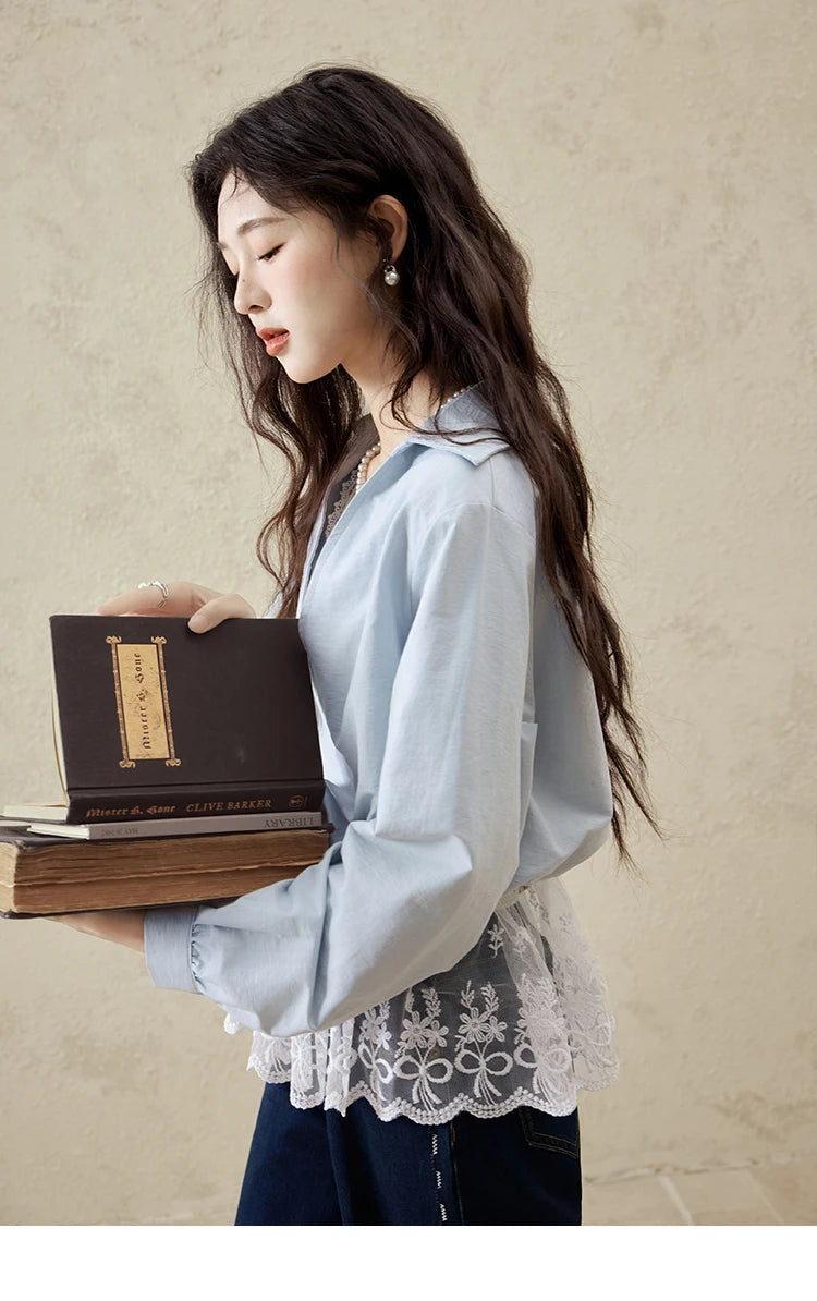 MISHOW French Spring Shirts Women 2025 Long Sleeve Turn-down Collar Fake Two-piece Blouses Female Splicing Lace Tops MXE16C0783