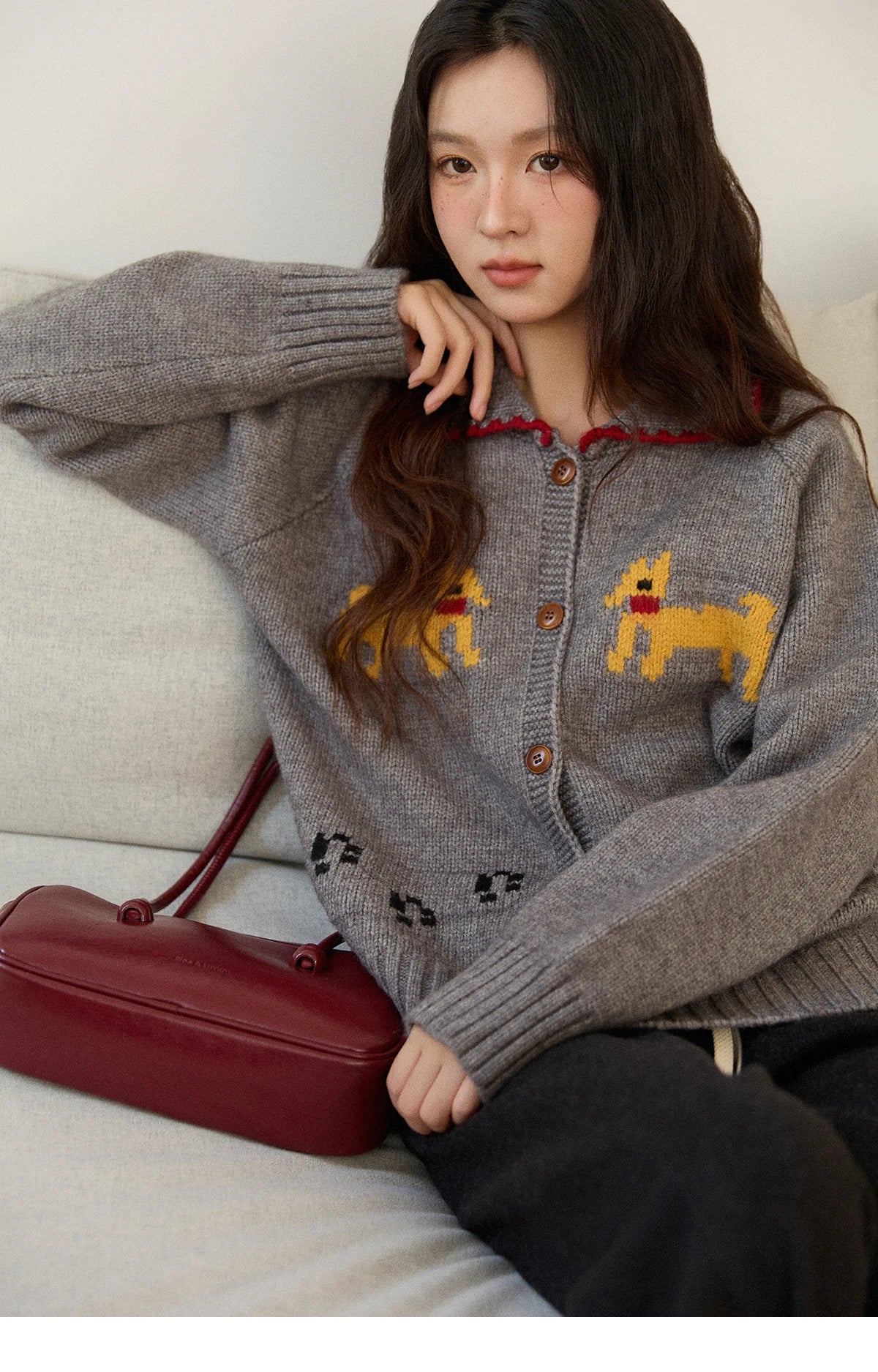 MISHOW Dog Cartoon Jacquard Knitted Cardigan for Women 2025 Loose Retro Turn-down Collar Casual Women's Sweaters MXE86Z2727