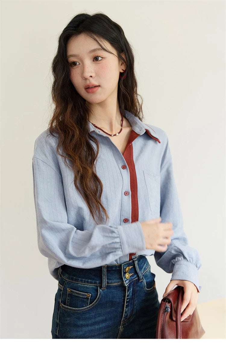 MISHOW Striped Shirt for Women Autumn 2025 Blue Red Splicing Contrasting Color Shirts Laple Loose Retro Commute Top MXE46C2405