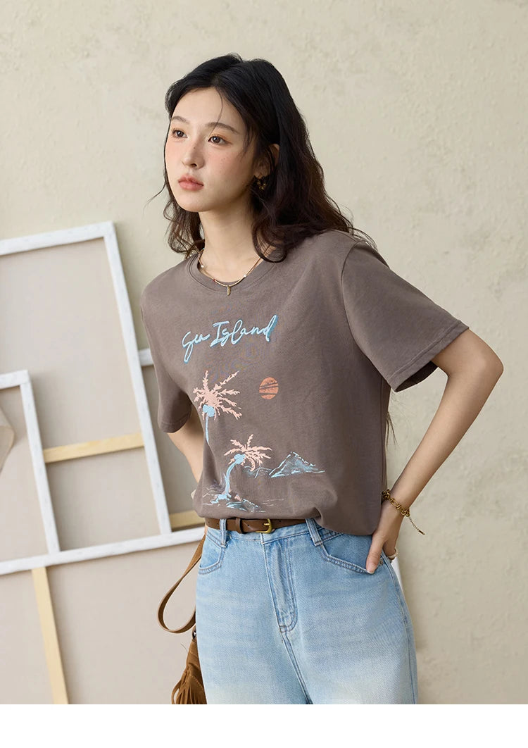 MISHOW Casual Print Shirts Women Summer New 2025 Short Sleeve Round Neck Loose Pure Cotton T-shirt Female Fashion MXE31T0533
