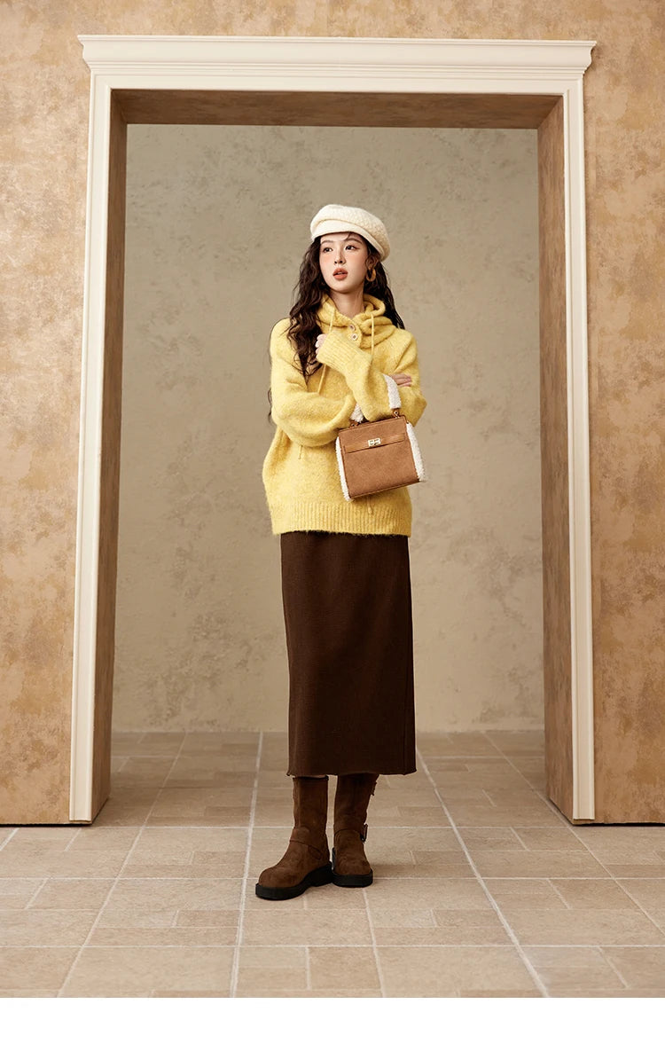 MISHOW Knitted Sweater Hooded Neck Warm Wool for Women 2025 Autumn Winter Cozy Loose-Fit Casual Solid Pullover Top MXD59Z1123