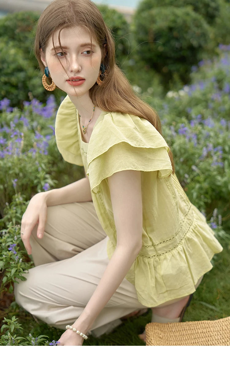 MISHOW Korean Lace Hollowed Out Flying Sleeve Blouse for Women 2024 Summer Square Neck Doll Shirt Casual Top MXD30X1574