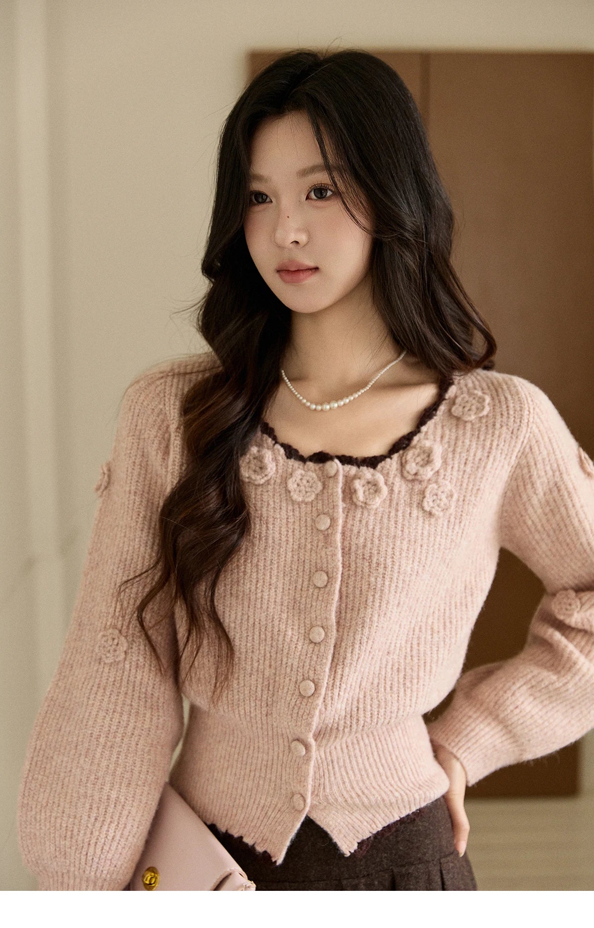 MISHOW Women's Pink Knitted Cardigan 2025 Autumn Winter Flower Decor Lace Trim Button Cardigan Slim Warm Pullover Top MXE94Z2862
