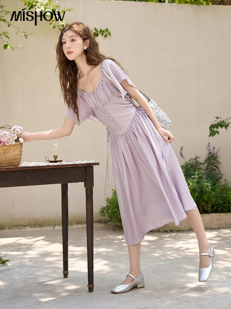 MISHOW Women's Elegant Dress 2023 Summer French A-LINE Butterfly Sleeve Square Collar Solid Lace-up Waist Dresses MXC38L1407