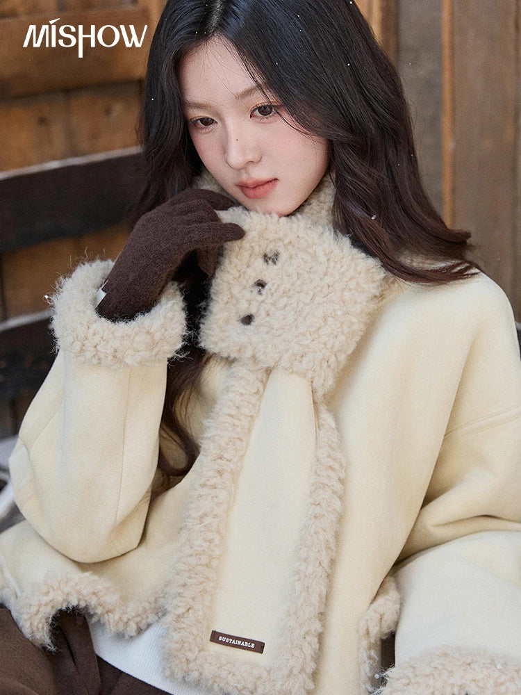 MISHOW Women's Cream Yellow Faux Suede Coat 2025 Winter Included Scarf Thickened Coats Soft Fleece Lined Outerwear MXE91W1019