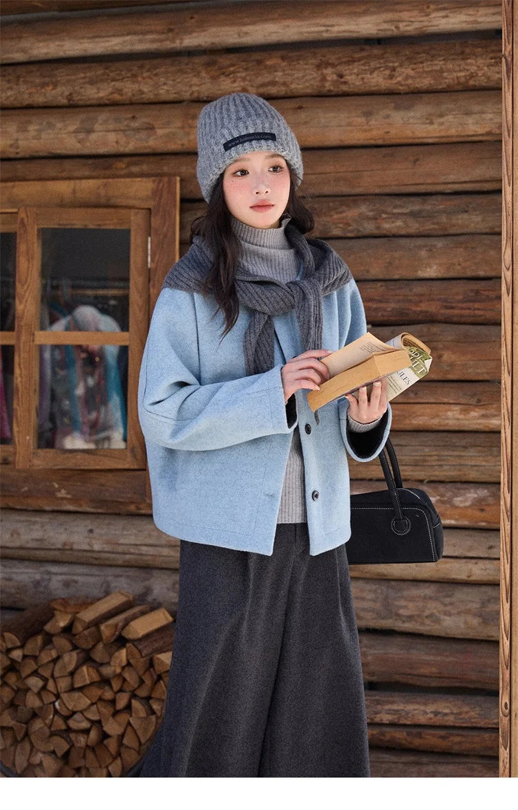 MISHOW Woman Blue Wool Coat with Shawl 2025 Winter Elegant Fashion Crew Neck Single-breasted Short Loose Thick Coat MXE87W0943