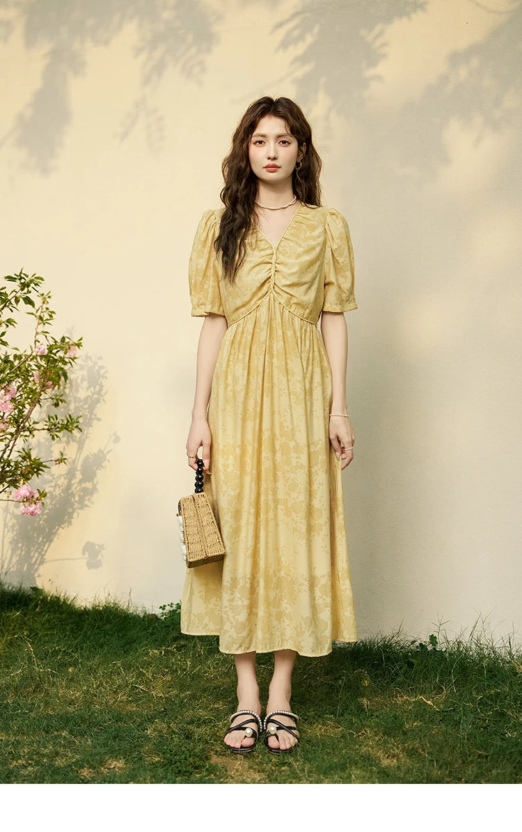 MISHOW Tea Break V-neck Dress for Women 2024 Summer French Temperament Chiffon Floral Puff Sleeve Waist Long Dresses MXD23L1878