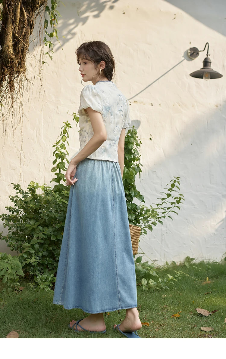 MISHOW Chinese Embroidered T-shirt High Waist Skirt Separately Summer 2024 Short Sleeve Split Hem Tops Denim Skirts MXD28X1604