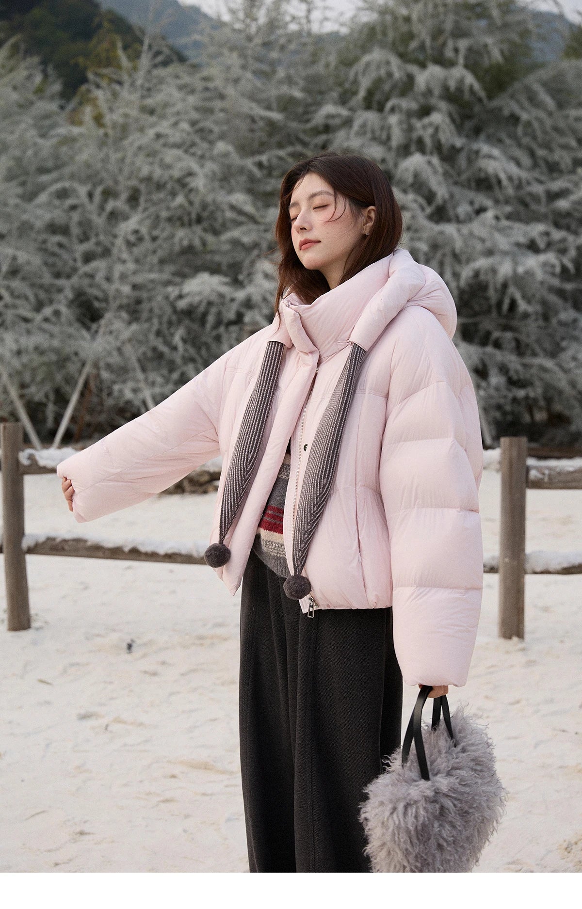 MISHOW Women's Pom-Pom Hooded Down Jacket 2025 Winter Sweet Short Lightweight Down Jackets Warm Windproof Coat MXE92Y0088