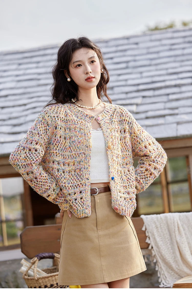 MISHOW Women's Sweet Woven Hollow Knitted Cardigan 2025 Spring Rainbow Button Single Breasted Top O-neck Cardigan MXE13Z1110